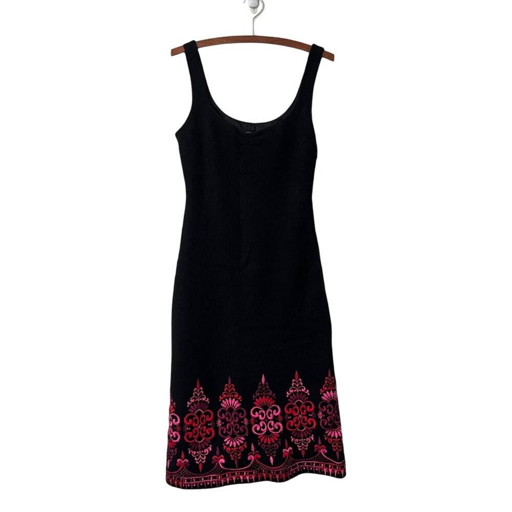 VTG Nanette Lepore Black Pink Wool Blend Embroidered Sleeveless Sheath Dress 8